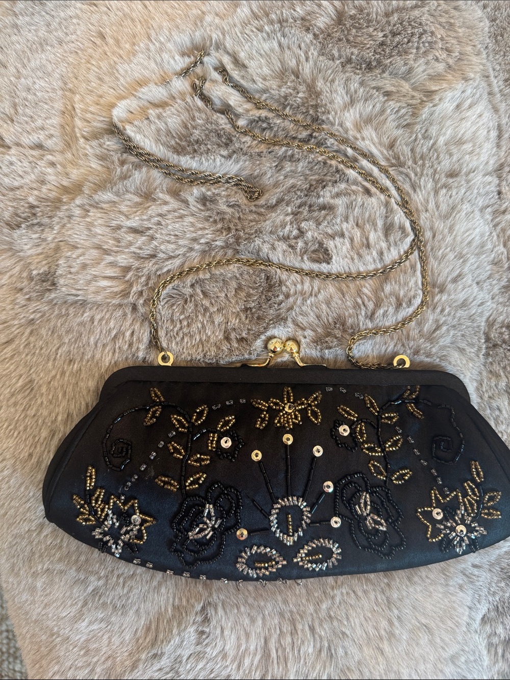 Vintage La Regale Black Evening Clutch with Gold Bead Accents